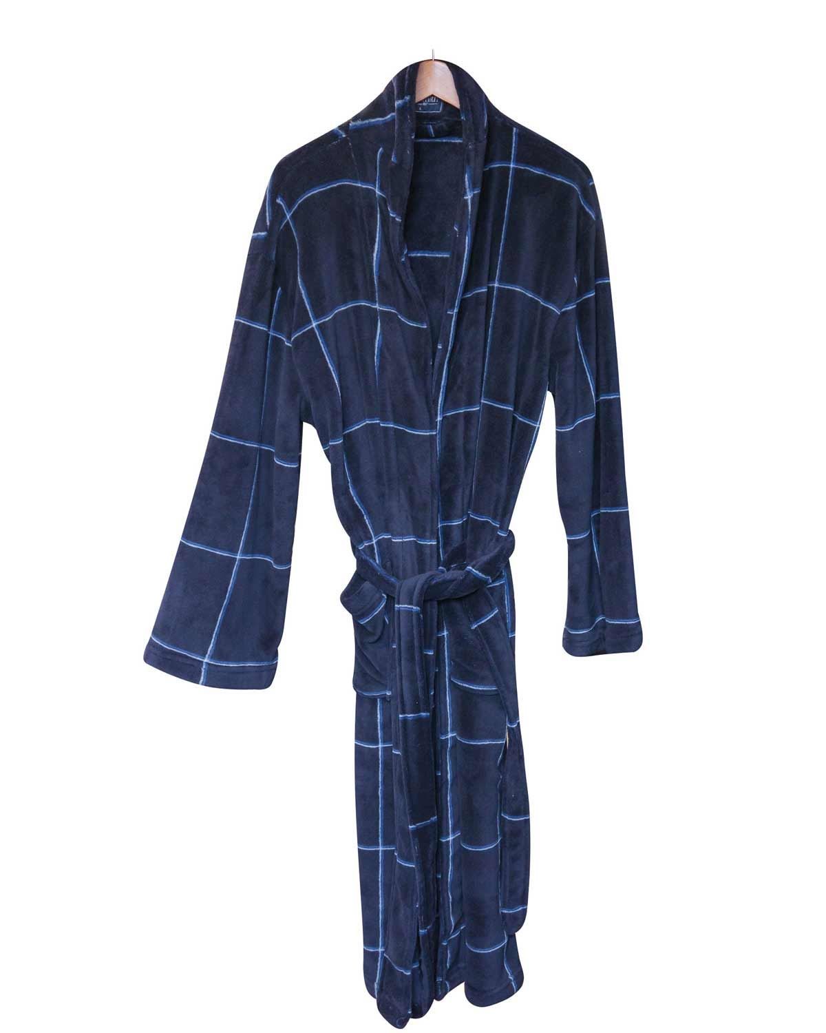 Mens Blue Checked Fleece Dressing Gown, Mens fleece dressing gown